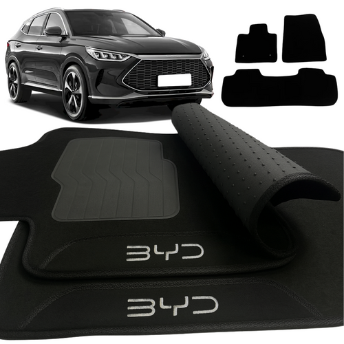 TAPETE CARPETE BYD SONG PLUS 2023 A 2026 PRETO BORDADO 3 PEÇAS